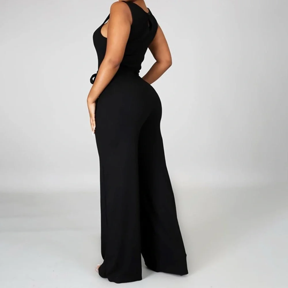 Black Sleeveless Button Front Belted Tie Waist Jumpsuit | Small - Picture 2 of 10